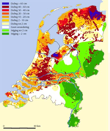 De verwachte daling en stijging van het oppervlak van Nederland voor het jaar 2050 ten opzichte van de huidige situatie (bron: Rijkswaterstaat, NAM)