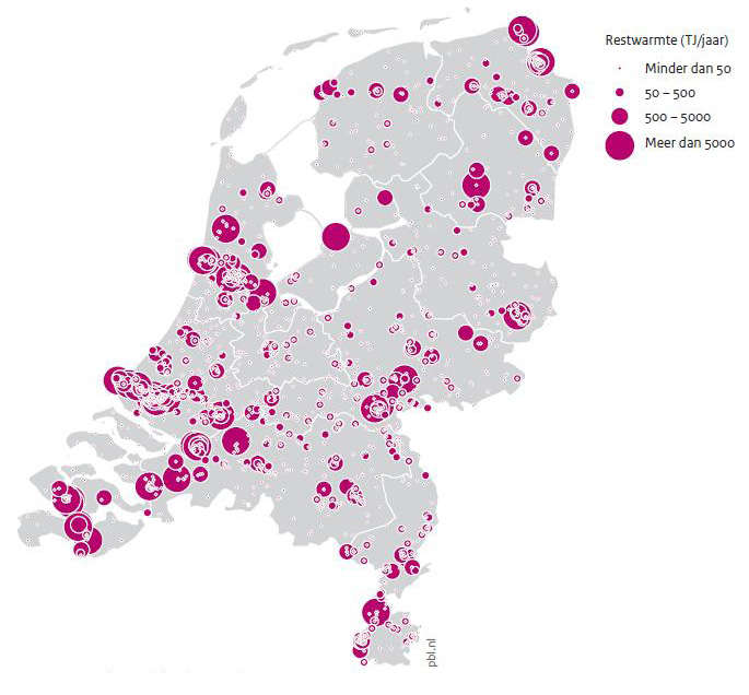 Figuur 1: Vergunde hoeveelheden industriële restwarmte (bron Warmteatlas Nederland 2016)